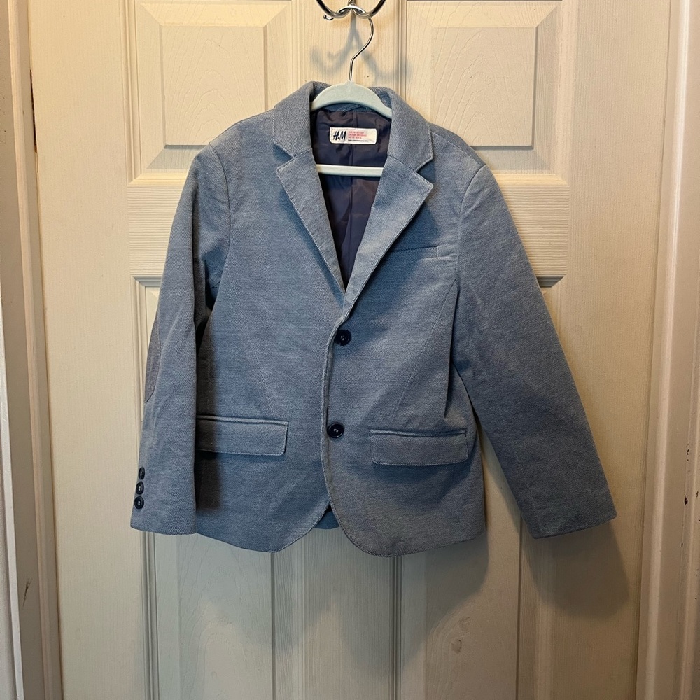 H&M light blue denim look youth size 5-6 button up blazer jacket